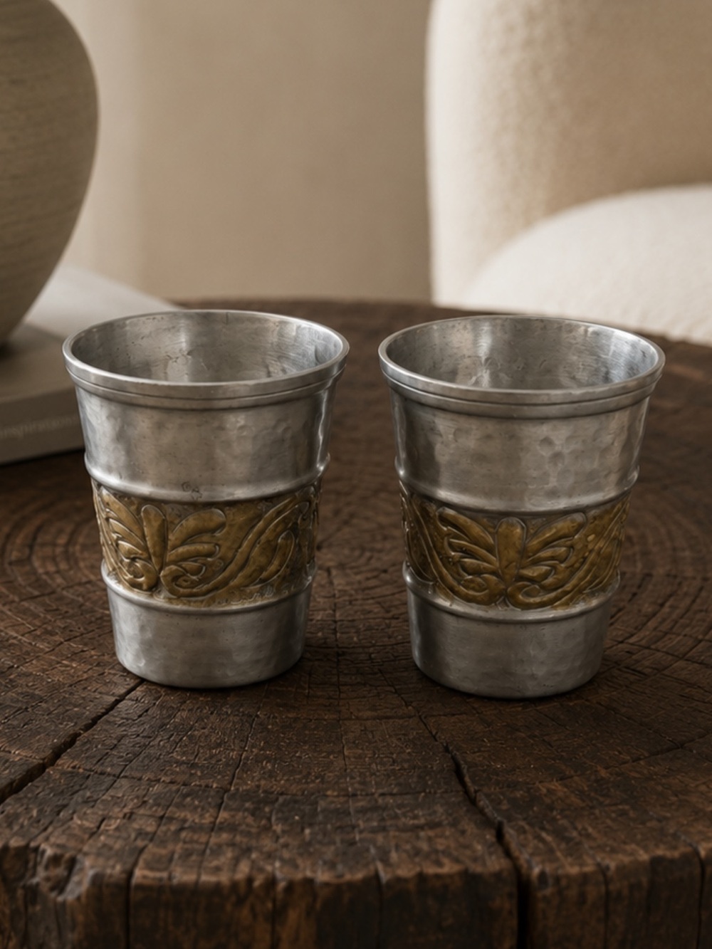 2Small vintage mix hammered metal cup/vase Craftsman style decorative brass band
